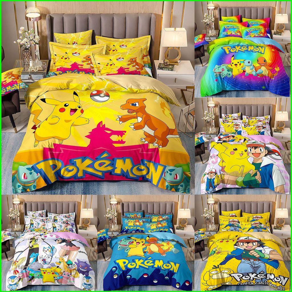 BB12 Pokemon Pikachu Terno 3 Em 1 Lençol Capa De Edredão Fronha Qualidade Premium Conjunto Cama Lavável Casa Quarto
