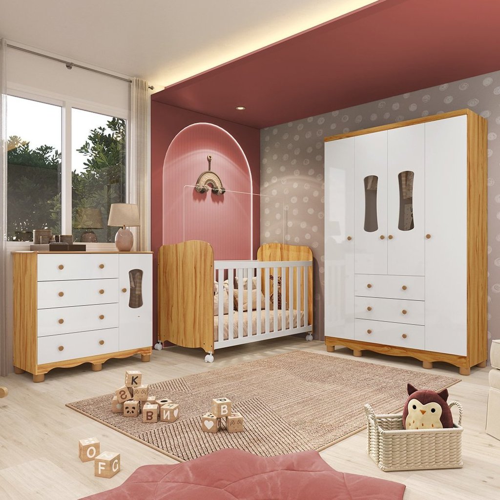 Quarto de Bebê com Guarda-Roupas 4 Portas Janeladas Cômoda e Berço 100% MDF Lana Espresso Móveis Branco