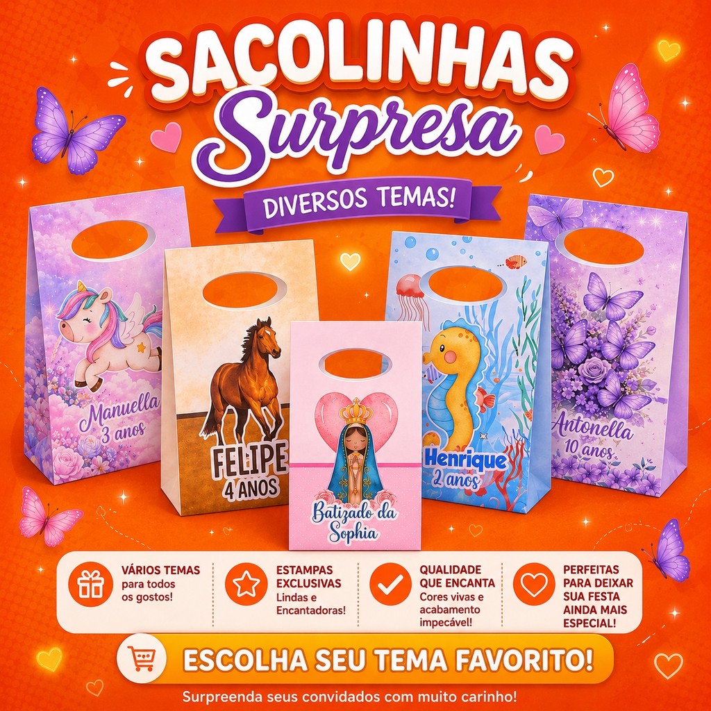 Sacolinha Surpresa Pequena Personalizada com nome e idade DIVERSOS TEMAS - Lembrancinha para festa infantil