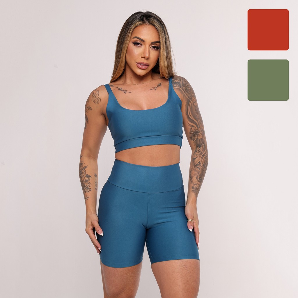 Conjunto Feminino Fitness de Academia Short e top - Terra Cota, Azul e Verde