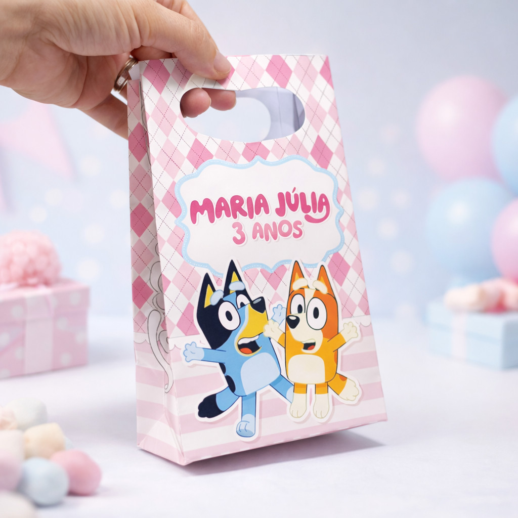 Sacolinha Personalizada tema Bluey Bolsinha Sacola Lembrancinha Pegue e Monte boca de palhaço bingo
