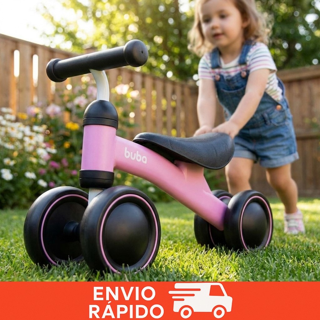 Bicicleta Equilíbrio Buba 4 Rodas Rosa Infantil Menina Bebê Sem Pedal