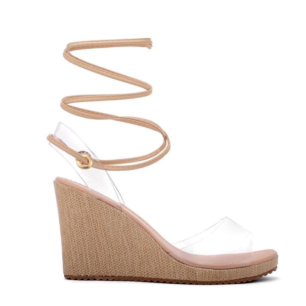 Sandália Anabela com Amarração Salto Feminino 9cm Confortável Casual Elegante com Solado Antiderrapante