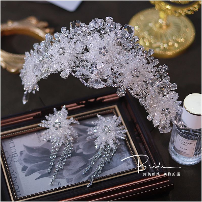 [B.Ling] Indústria Pesada Princesa Coroa Cristal Floco de Neve Piscando Diamante Coroa Brinco Conjunto Casamento Princip