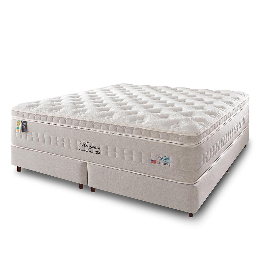 Cama Box King Bipartido Branco + Colchão Molas Ensacadas Zidi Kingston 193x203x68cm