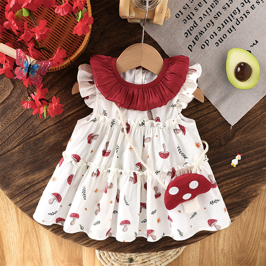 Novo Vestido De Verão Para Meninas Com Estampa De Cogumelo , Gola Vermelha , Mangas Voadoras , Saia De Bebê , Alça Sma