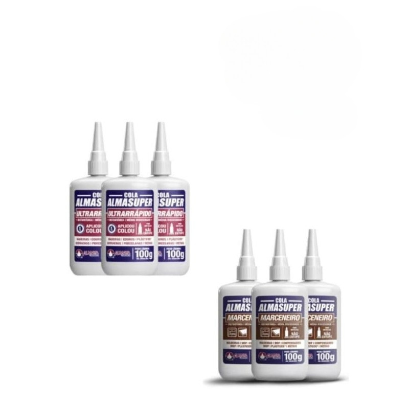 Kit com 3 UND de: Cola Instantânea Ultrarrápido Almasuper Bico Fino 100G ou Cola Marceneiro 100G