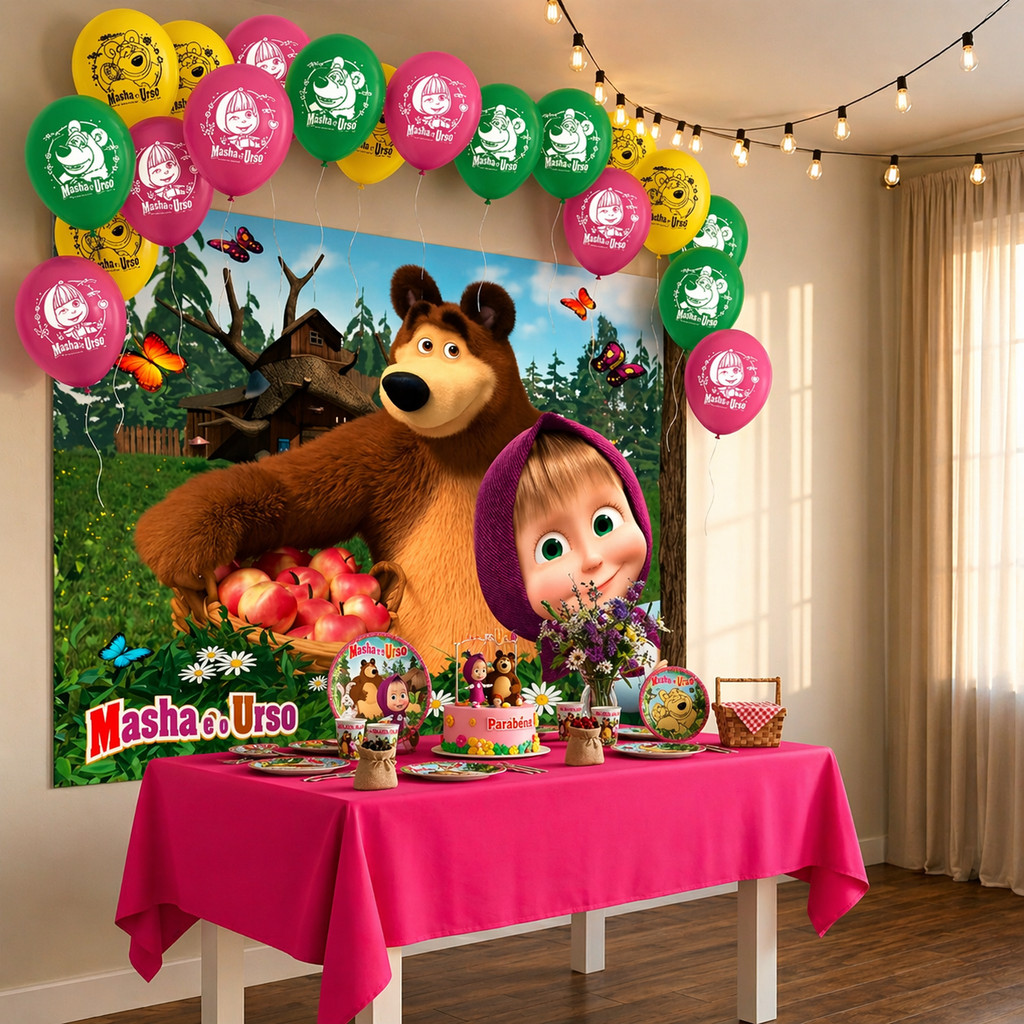 Kit Festa Masha e o Urso Decoração Toalha Rosa +Balões +Painel TNT aniversário