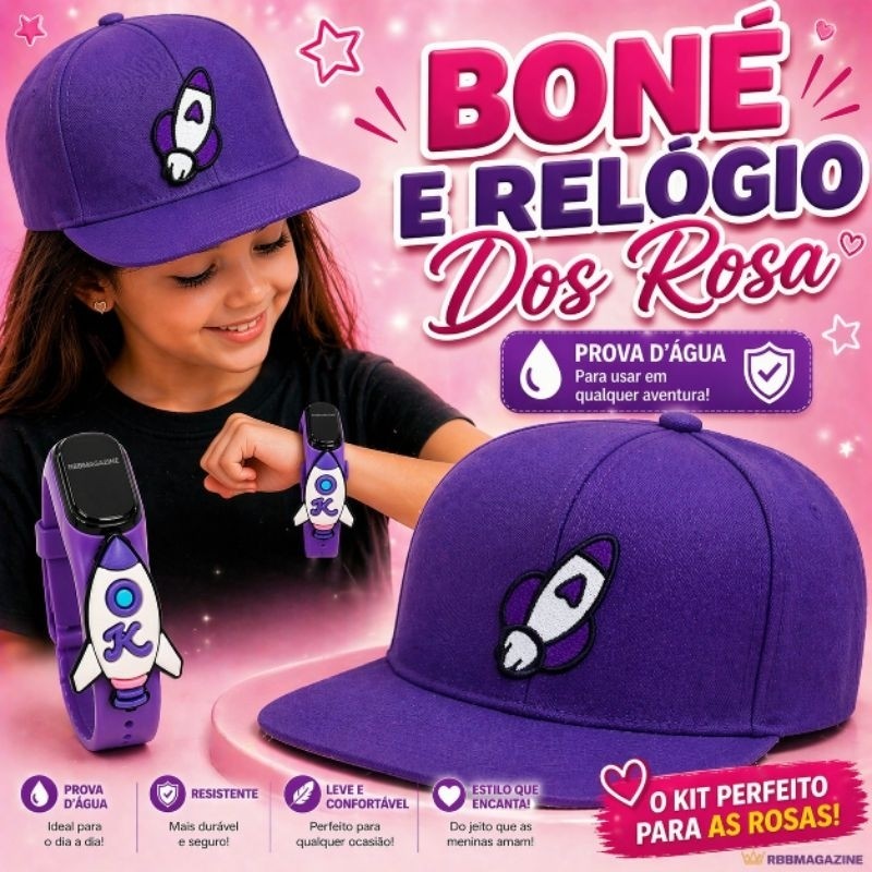 Boné e Relógio Dos Rosa Kit Infantil Emily Vick, Leozin, Void e Ketlin