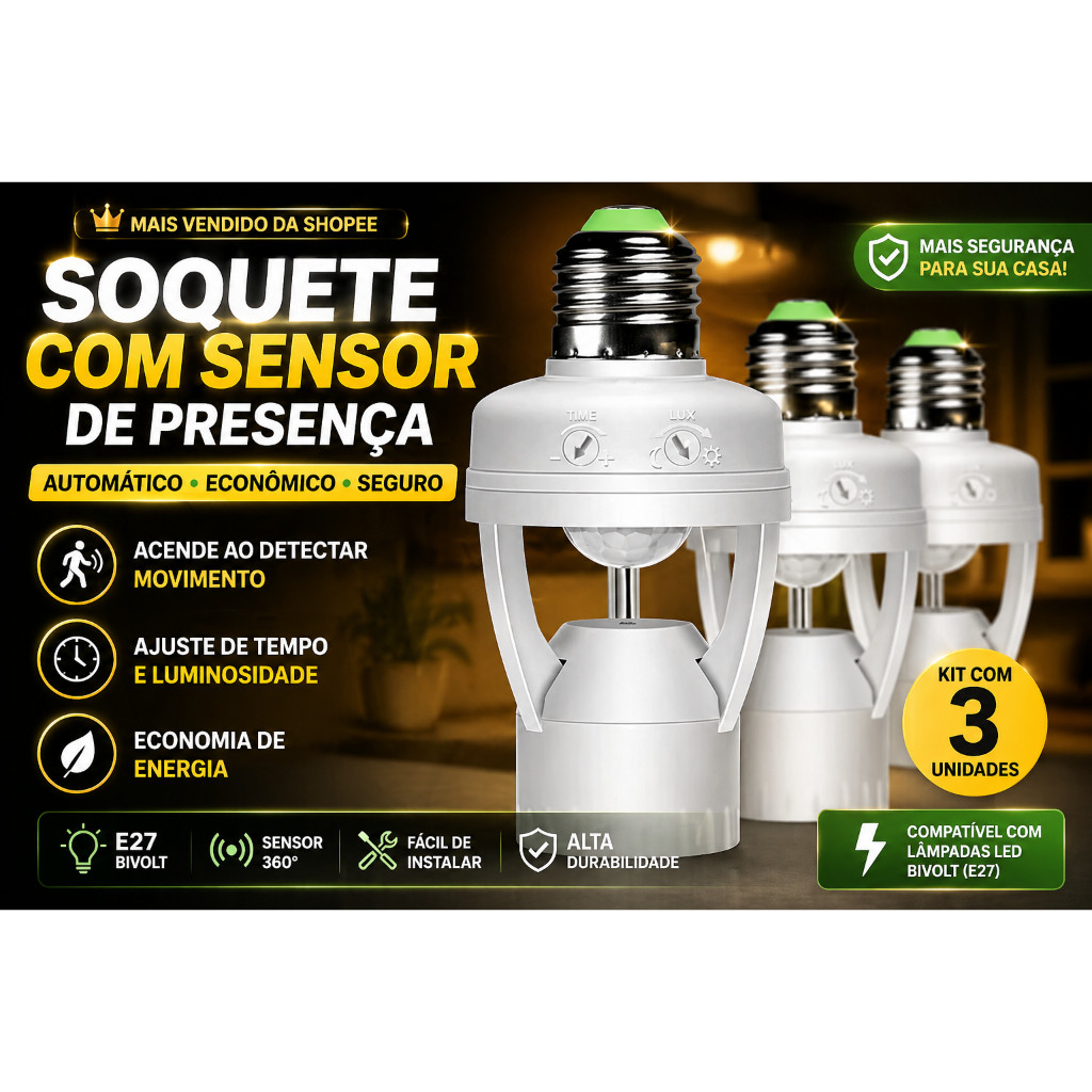 Kit 3/4 Sensor de Presença Soquete E27 Automático Bivolt Detector  Movimento Ajustável Lâmpadas LED Economiza energia