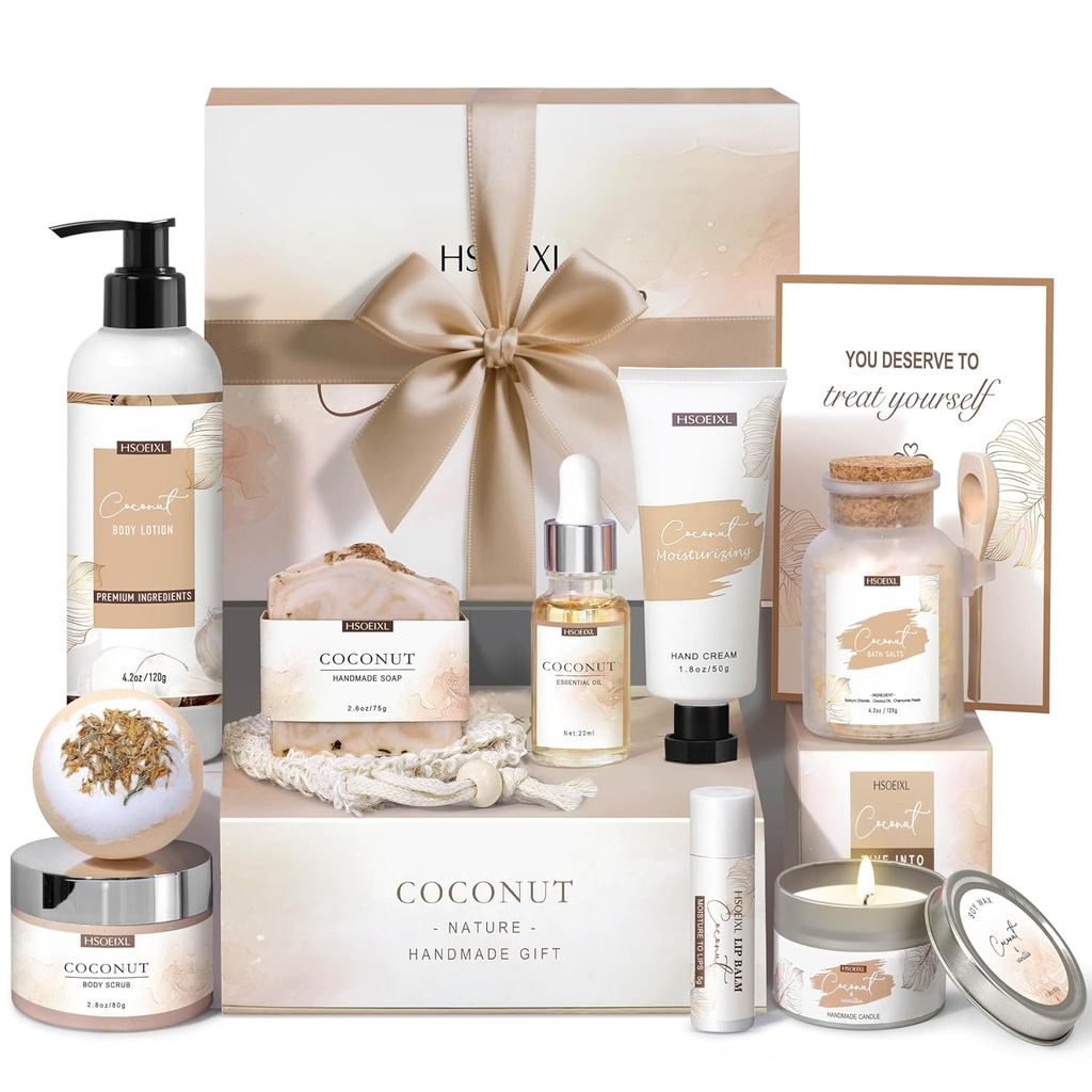 Presentes para Mulheres, Conjunto de Cesta de Presentes para Banho e Corpo, 12 Peças de Conjunto de Spa em Casa com Coco