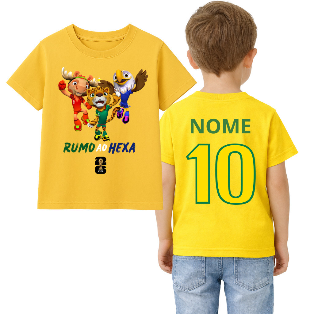 Camiseta Infantil Mascote Copa do Mundo 2026 Brasil Torcida Futebol Menino Menina Camisa Algodão Premium