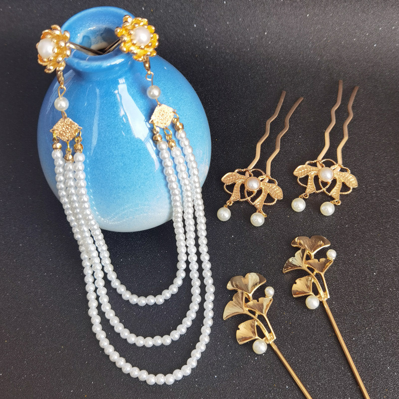 Antigo Hanfu cocar pérola volta pressão hairpin acessórios de cabelo elegante menina antigo traje cocar flor u hairpin a
