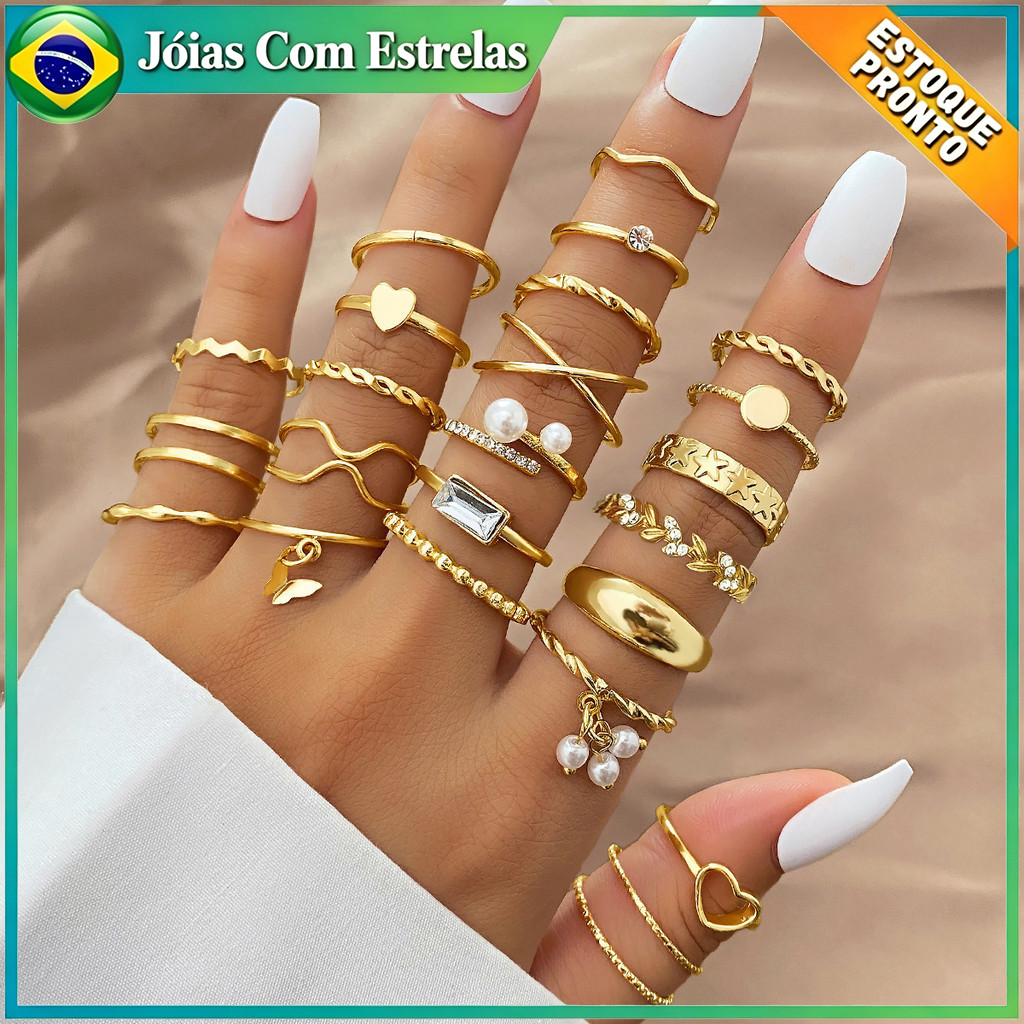 Conjunto De 24 AnéIs De Trigo Brincos De PéRola Torcida Conjunto De AnéIs De Dedo Joias Femininas Para Presente