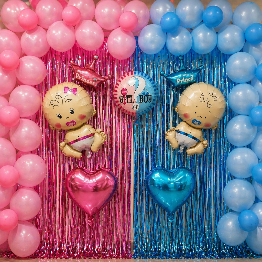 Kit Chá Revelação Rosa e Azul 2 Cortina Metalizada 2 Balões Bebê +50 bexigas latex + Balões Coração Festa Revelação