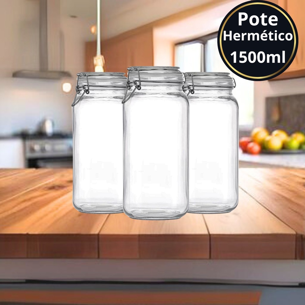 Pote De Vidro 1500ml Hermético Tampa com Trava Inox e Borda de Silicone Premium