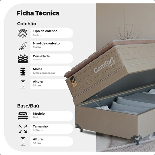 Cama Box Baú Solteiro + Colchão Comfort Class Pillow Top Bege/suede Bege — imagem 2 de 2