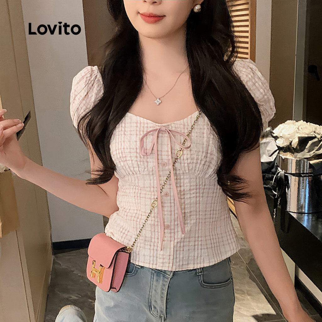 Lovito Casual Blusa Rosa Xadrez Vichy Com Laço Para Look De Primavera/verão Para Mulheres L136AD105