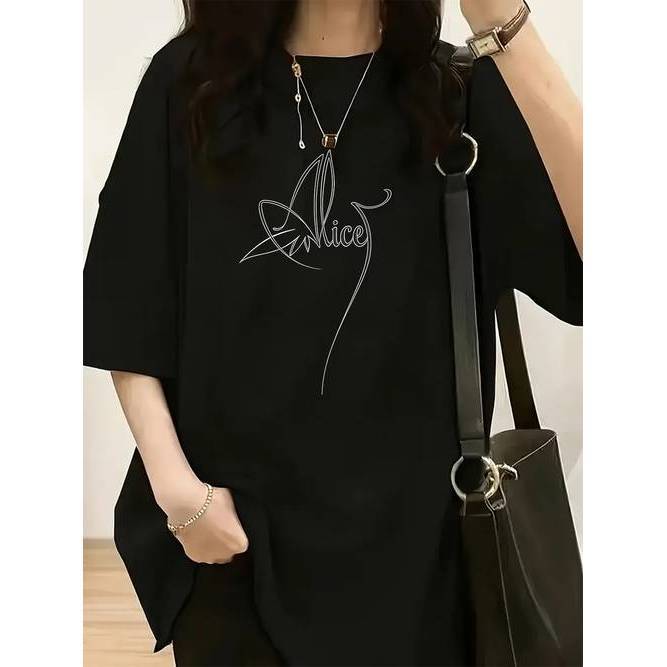 Camiseta Feminina Alice Linha Art Estampada Gola Redonda Manga Curta Confortavel Estilosa Moderna Casual Primavera Verao