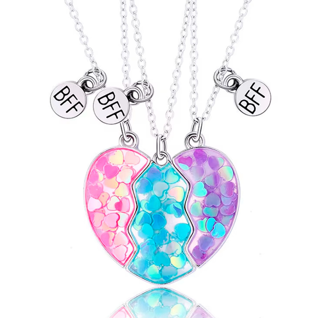 Colar Melhores Amigas Sempre Triplo Metades Mini Coração Best Friend Forever Bff Magnético Se Completam