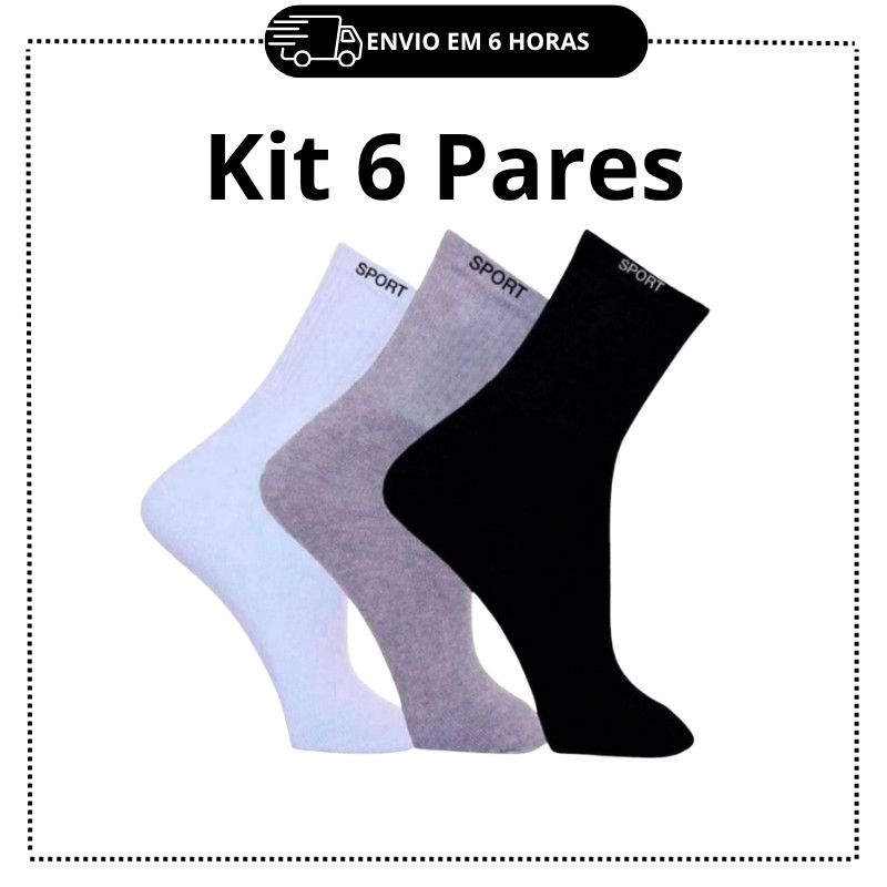 6 pares de meia algodão CANO ALTO SORTIDOS sport masculina promoção