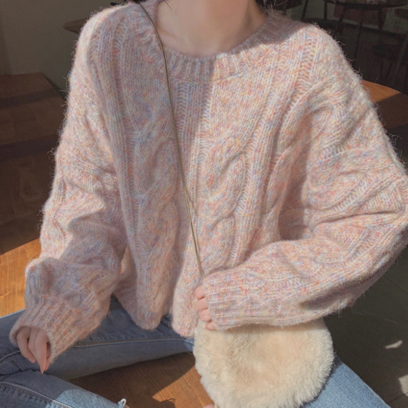 Rosa estilo suave camisola curta feminina 2024 novo estilo outono inverno doce solto exterior Wear estilo preguiçoso tor