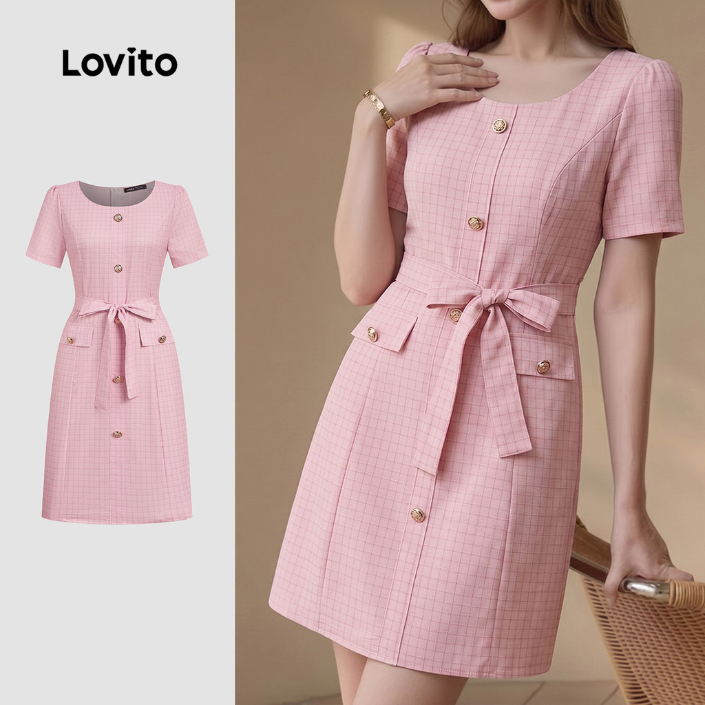 Lovito Elegante Padrão Vestido com Botões Na Frente e Bolso Falso Vestido Rosa P