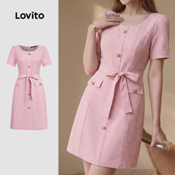 Lovito Elegante Padrão Vestido com Botões Na Frente e Bolso Falso Vestido Rosa Primavera/verão para mulheres LK5ED418