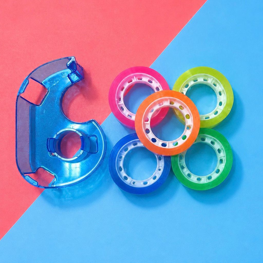5 Fita Adesiva com Suporte Cortador 5 Rolos Coloridos 15mm x 15m Organização Escritório e Estudo