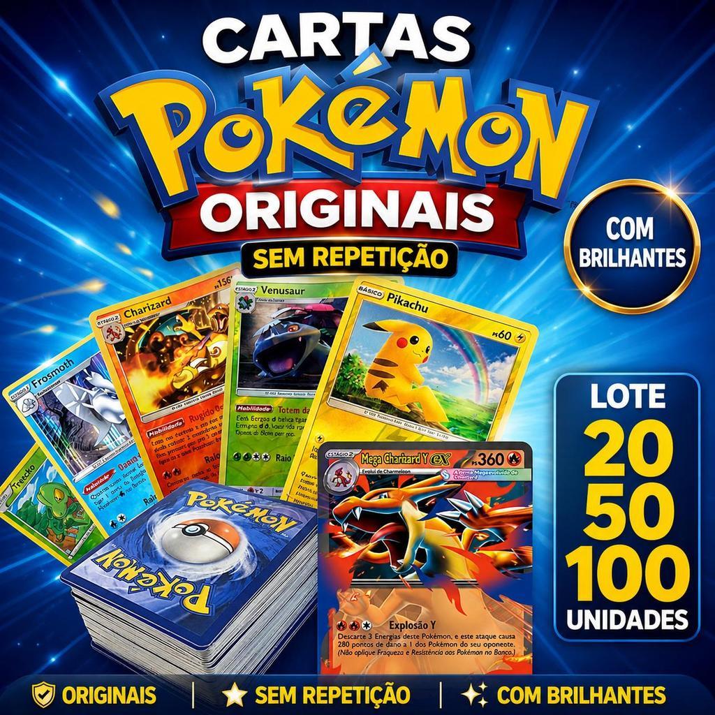 Lote de Cartas Pokémon Originais 20, 50 ou 100 Unidades ⚡ Sem Repetição + Brilha