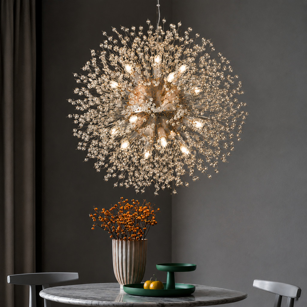 Lustre Pendente 60cm Dente Leão 1292 Cristais 16xG9 Luminária Teto Prateada Gimpo LDL-COBRE-2