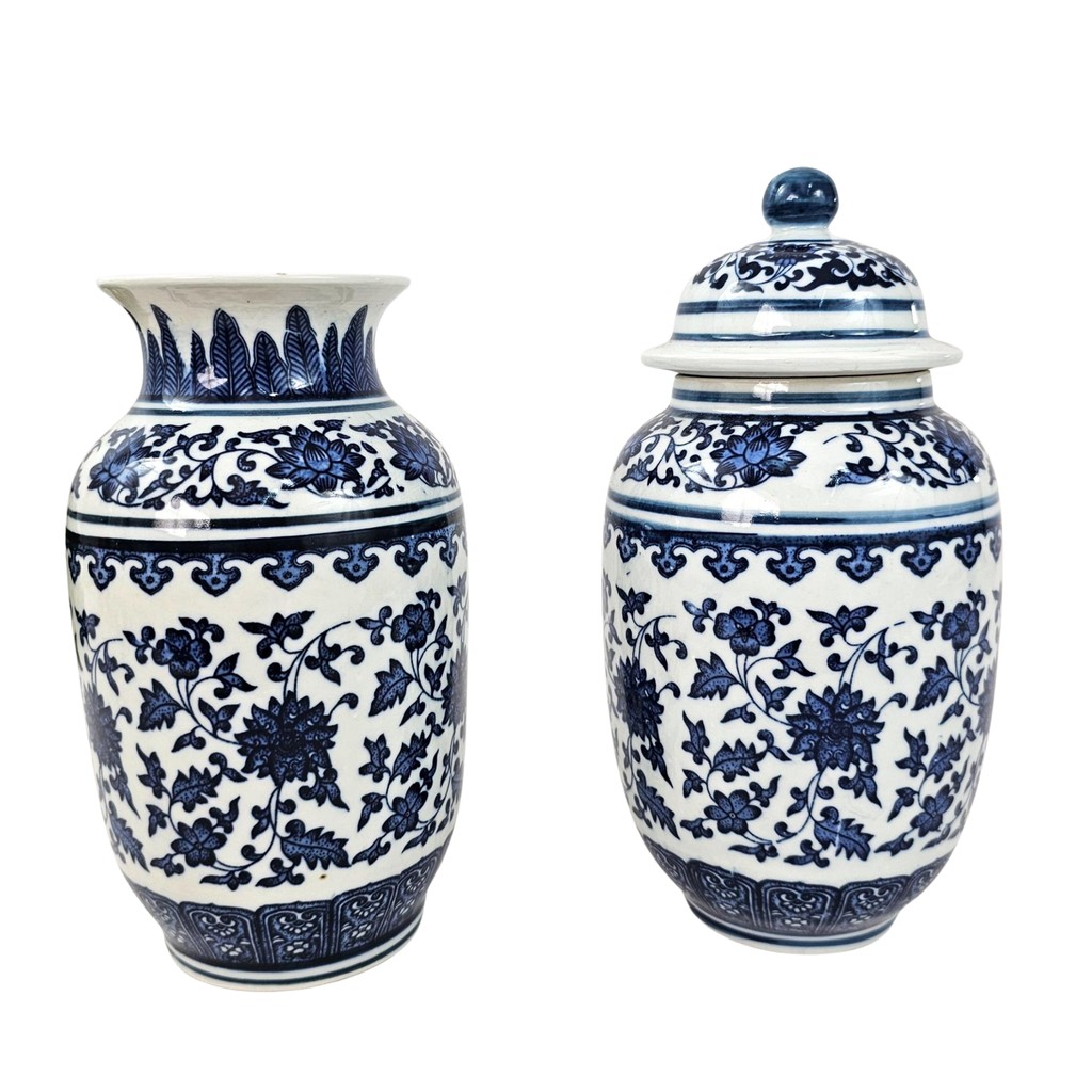 Kit Vaso Potiche Azul e Branco Porcelana  Decorativo Zen
