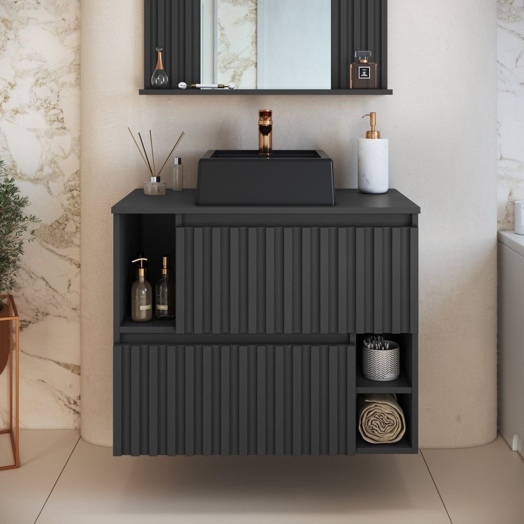 Gabinete de Banheiro Suspenso 75cm Luiza com 2 Portas Basculante com Cuba Preto/Grafite Grafite