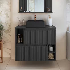 Gabinete de Banheiro Suspenso 75cm Luiza com 2 Portas Basculante com Cuba Preto/Grafite Grafite