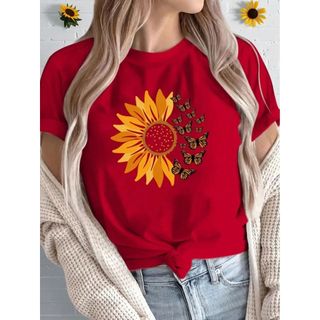 Camiseta Feminina Casual com Estampa de Girassol e Flores Lançamento Várias Cores