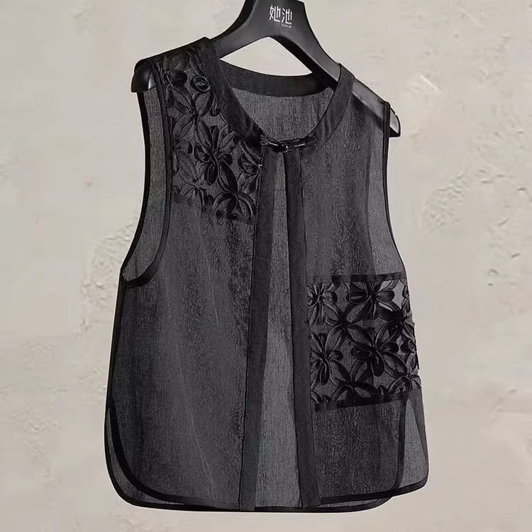 Novo estilo chinês estilo chinês Organza colete feminino verão Retro fivela estilo fino protetor solar exterior bordado