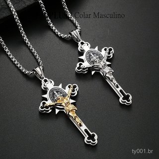 Colar Masculino com Cruz 3mm 60cm, Corrente Masculina com Pingente de Cruz de Jesus, Duas Cores e Prata TNM047