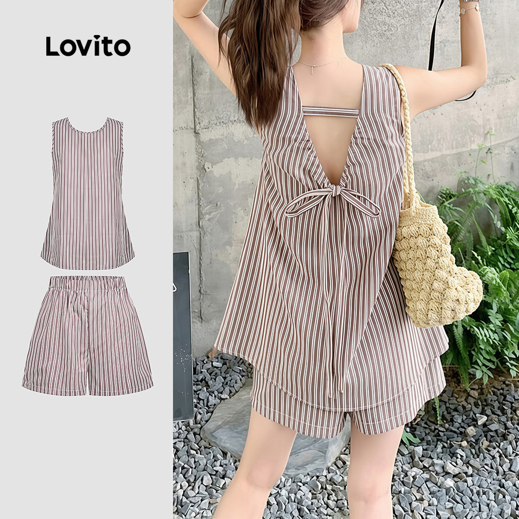 Lovito Conjuntos De Shorts Casual Com Cadarço Na Cor Cáqui Para Mulheres Para a Primavera E O Verão Bordado LK4ED628
