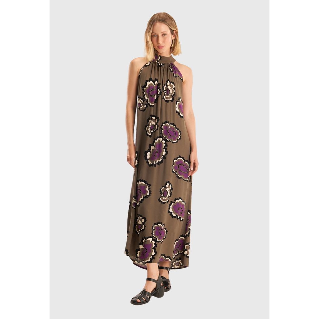 Vestido Crepe com Gola e Faixa Estampa Carmem Cantão