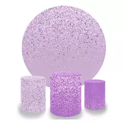 Kit Capa Painel Redondo + Trio Cilindro Lilás com Glitter Decoração Festa Aniversário Comemoração Lançamento