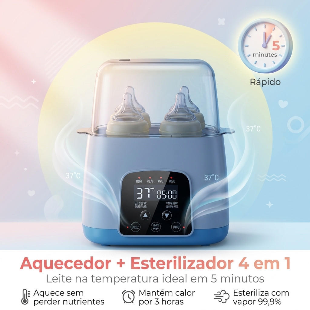 Aquecedor e Esterilizador de Mamadeiras 220V: Capacidade para 4 Biberões, Aquecimento Rápido e Kit Limpeza Grátis