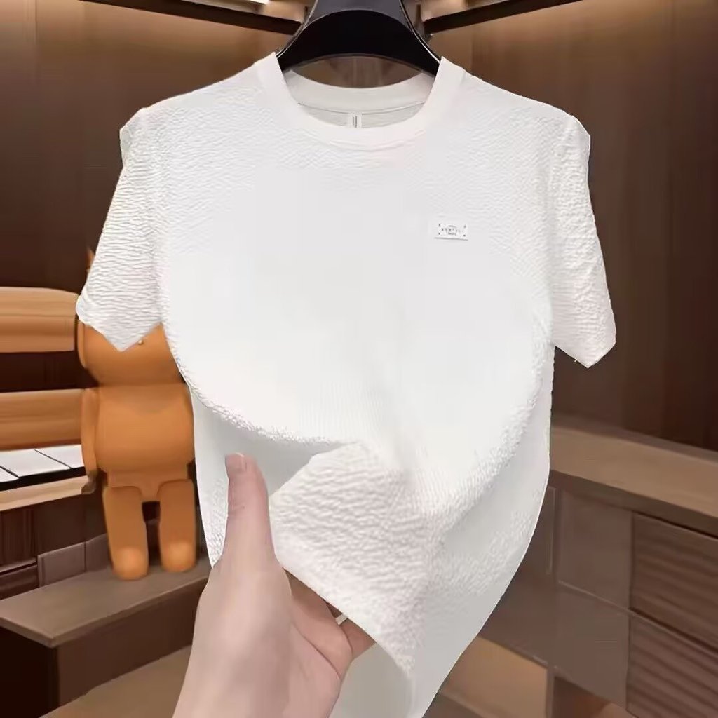 Moda masculina topo verão textura de seda gelo etiqueta bordada em torno do pescoço masculino de manga curta moda meia m