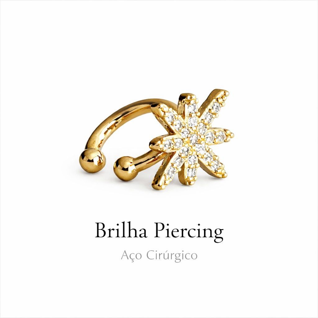 【Brilha】Piercing Falso Ear Cuff Estrela Brilhante em Aço Inoxidável com Zircônias 12mm Minimalista Luxo Feminino