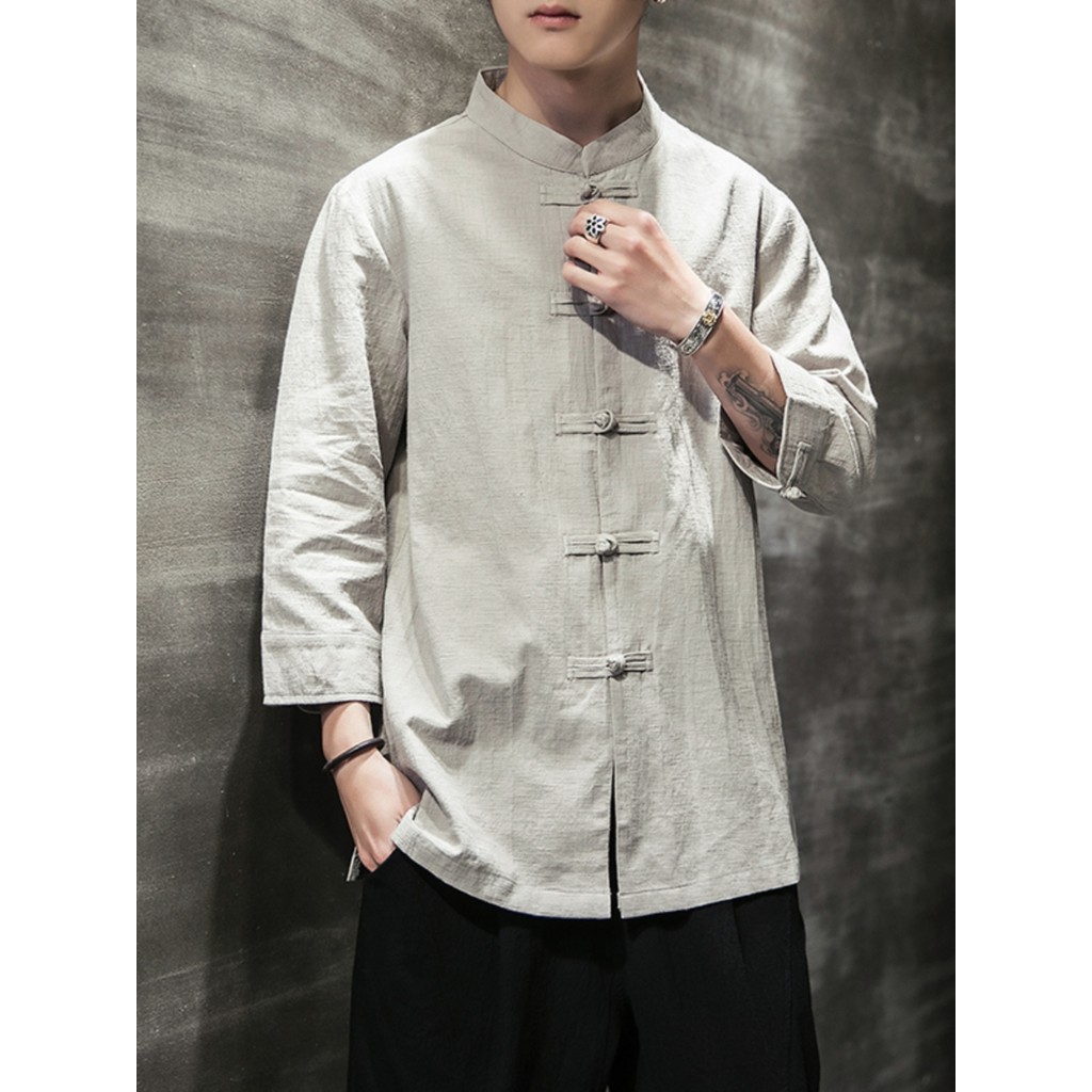 Estilo chinês Tang terno botão camisa de linho estilo chinês manga três quartos camisa de linho de algodão Retro terno d