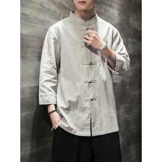 Estilo chinês Tang terno botão camisa de linho estilo chinês manga três quartos camisa de linho de algodão Retro terno d