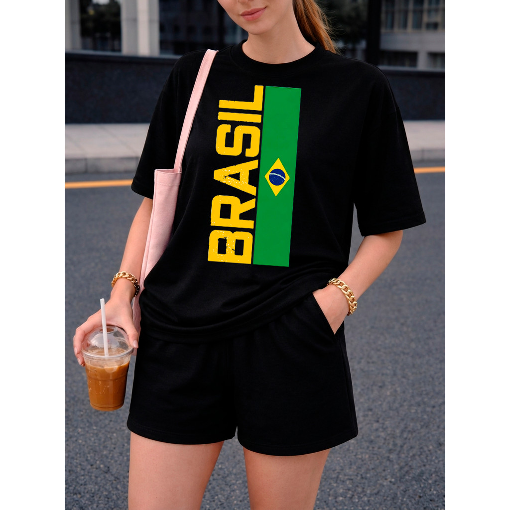 Conjunto Feminino Camiseta Boxy Faixa Brasil  Copa Do Mundo