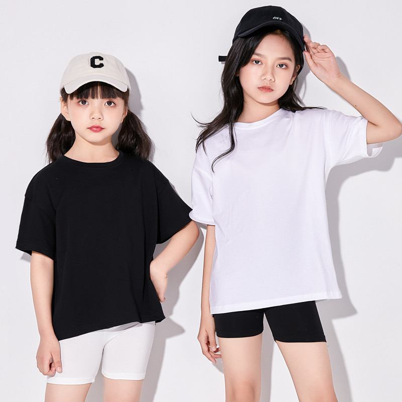 Crianças de manga curta camiseta verão fino branco meninos meninas topos puro algodão solto preto grandes crianças verão