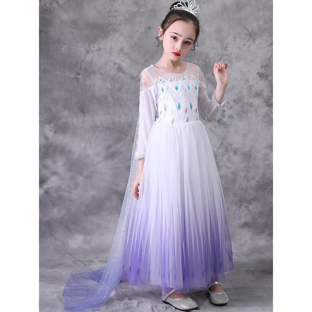 Frozen 2 Rainha Elsa Elsa Branco Vestido de Gaze de Manga Comprida Menina Princesa Vestido de Aniversário Dez Mil Vestid