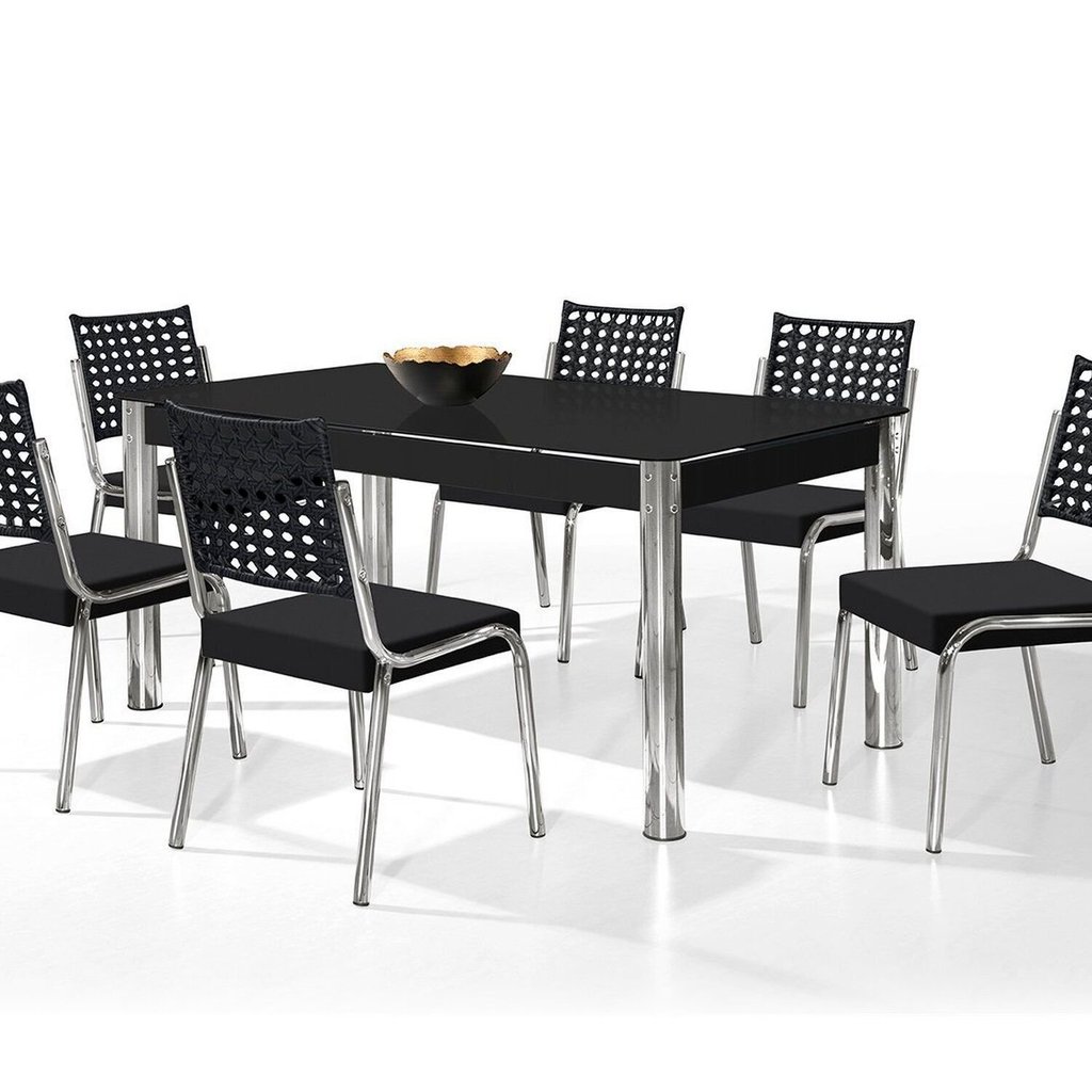 Conjunto Sala de Jantar Mesa Retangular com 6 Cadeiras Natani Yescasa Cromado/Preto Cromado/Preto
