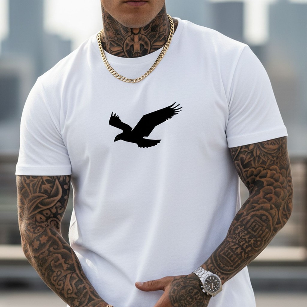 Camiseta Básica Casual Masculina Estampada Passaro Silhueta Aguia Estiloso Premium Treino Academia